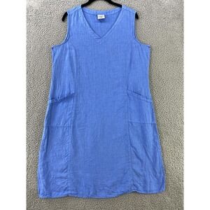 Color Me Cotton Dress Womens Medium Blue Linen Tank V Neck Shift USA Pockets